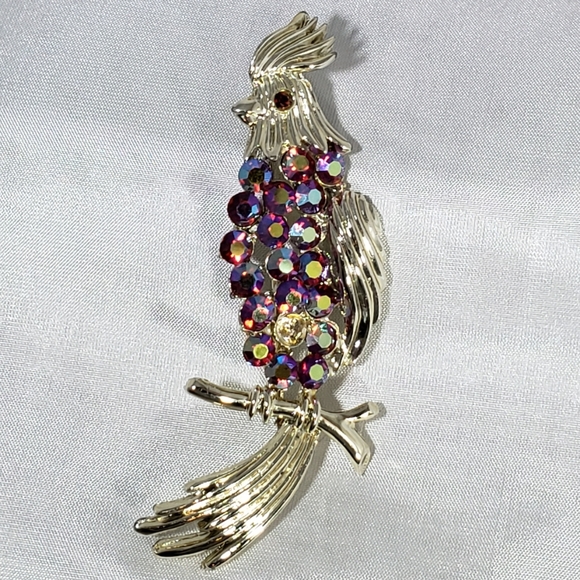 Gold & Rhinestone Cockatoo Vintage 1950 Brooch - Picture 2 of 4